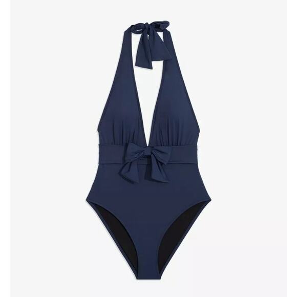 We Wore What Women Navy Blue Brooklyn Bow Halter One Piece Swimsuit Size L - Picture 1 of 6